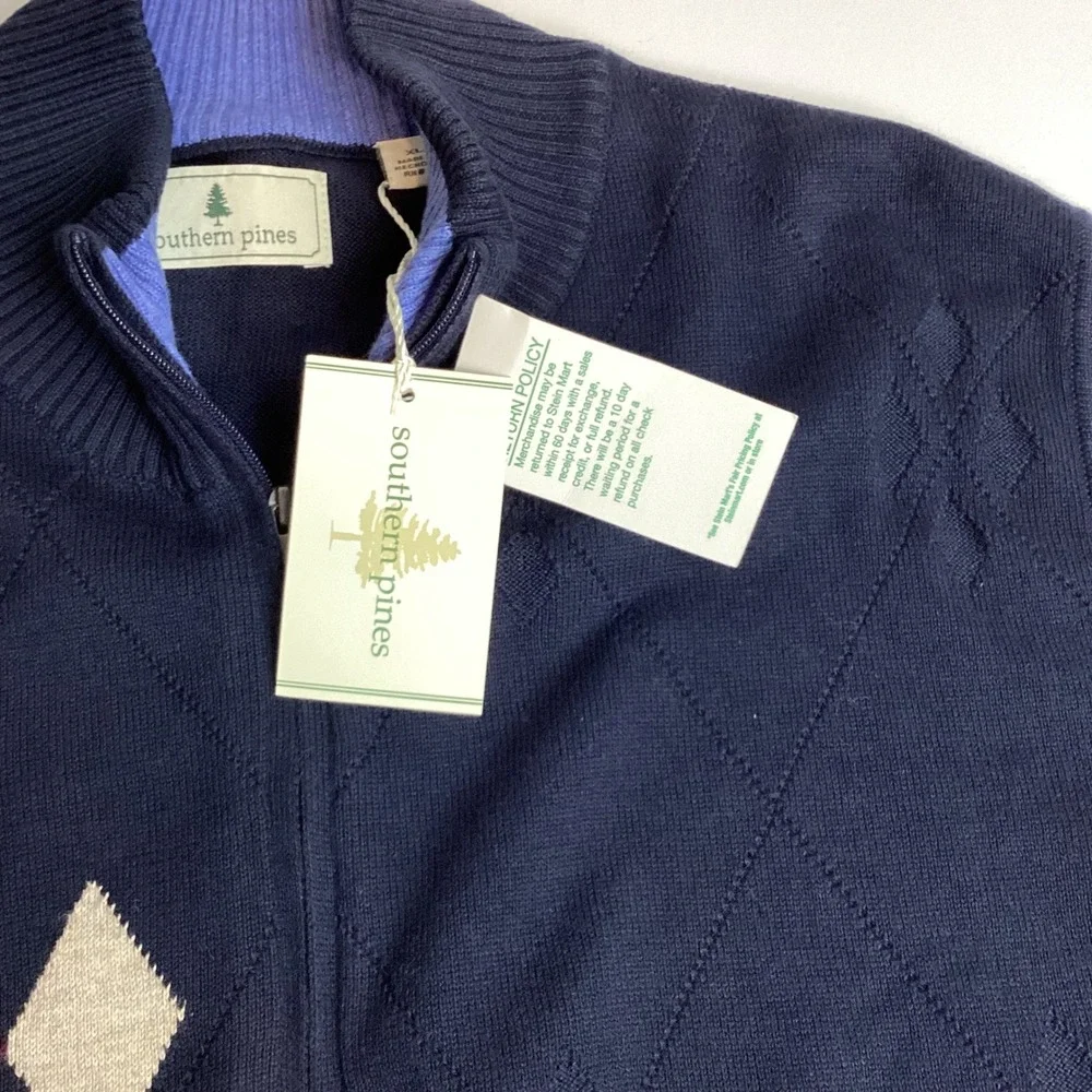 Southern Pines Mens XL Navy Blue Argyle Quarter Zip Sweater Vest NWT RN127237